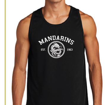 Black tank top with 'Mandarins' and dragon design on a person, with brand logo at the bottom.